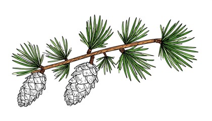 Illustration of a conifer branch featuring green needles and pine cones