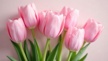 A gentle cluster of pale pink tulip blossoms softly unfurls against a muted backdrop, conveying delicate beauty.