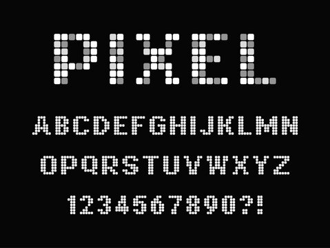 Pixel font vector design featuring blocky letters, retro 8-bit style, clean grid shapes, and modern minimal layout for games, UI, digital art, and creative projects.