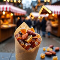 Fototapeta premium Fruits and Roasted Almonds in Paper Cone at Magical Christmas Market – Warm Bokeh Lights Background