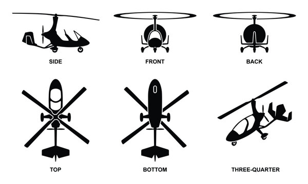 Detailed Autogyro Diagram: Side, Front, Back, Top, Bottom, Three-Quarter Views