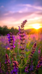 Obraz premium Close-up of vibrant purple wildflowers bathed in the warm light of a setting sun. The field stretches into the distance