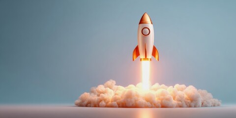 startup success concept. A sleek rocket launches from a cloud of smoke, symbolizing innovation, exploration, and the excitement of space travel.