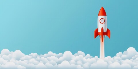 startup success concept. A colorful rocket launches through fluffy clouds against a bright blue sky, symbolizing adventure and exploration.