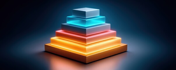startup success concept. A vibrant, glowing pyramid structure made of layered boxes in various colors, set against a dark background, creating a modern and sleek visual effect.