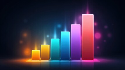 startup success concept. A vibrant bar graph shows increasing data values, illuminated by colorful lights against a dark background, symbolizing growth and progress.