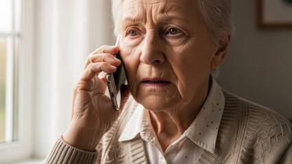 Concerned elderly woman speaking on phone by window