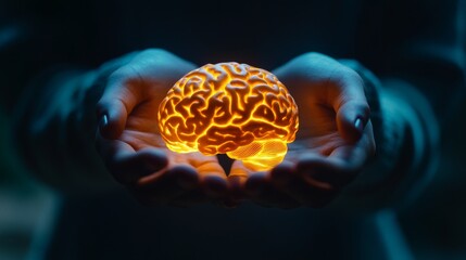 A glowing brain cradled in hands symbolizes knowledge and creativity. This imagery highlights the importance of brainpower in our lives. Generative AI.