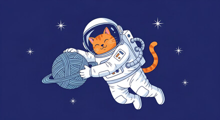Vector Illustration of Cute Cat Astronaut Hugging Yarn Planet in Space.