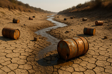 Oil barrels abandoned in dry cracked riverbed, fossil fuel pollution concept, environmental contamination, climate change drought impact, industrial waste crisis, sustainability warning symbolism