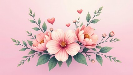 Delicate pastel floral arrangement with whimsical hearts floating amidst soft green foliage