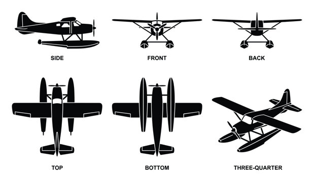 Detailed black and white technical illustration of a vintage floatplane.
