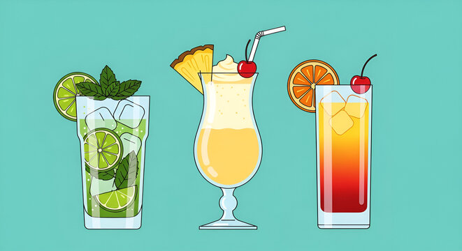 Refreshing tropical vector cocktails: Mojito, Colada, Sunrise