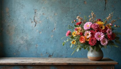 Bouquet of colorful flowers in rustic ceramic vase on old wooden table. Still life with roses, gerberas against blue-grey textured wall. Vintage composition with large copy space for text, perfect