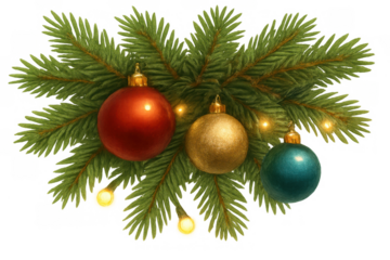 Christmas fir branch decoration with festive ornaments and glowing holiday lights, transparent background