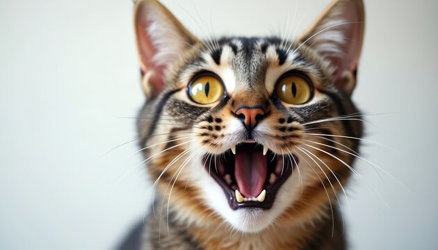 Close up of surprised tabby cat. Its big yellow eyes are wide open and mouth agape, showing sharp teeth. Pet feline looks shocked or startled indoors. It has striped fur, whiskers, and alert ears.