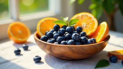 A vibrant, sunlit still life featuring a wooden bowl brimming with dark, juicy berries alongside refreshing citrus slices, creating a healthy, natural breakfast scene
