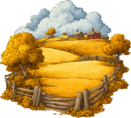 Autumn landscape rolling hills country road rustic fence farm golden field village clouds
