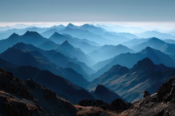 Fototapeta premium Endless Jagged Mountain Ranges Extending Vertically into the Sky with Surreal Scale 