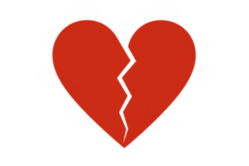 Broken red heart representing heartbreak, loss, and the end of a relationship, displaying emotional pain. Transparent background