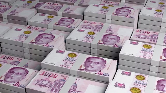 Singapore 1000 Dollar Banknote Horizontal 3D Animation ? Alternate Style Realistic Currency Motion, Business Finance, Banking, Economy Growth, and Money Exchange Visualization