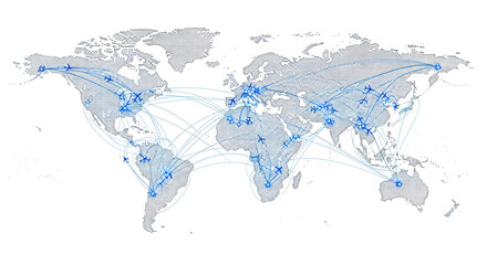 Global air travel vector map illustration of flight paths.