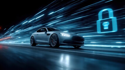 Fototapeta premium Car cybersecurity concept in a glowing digital network environment