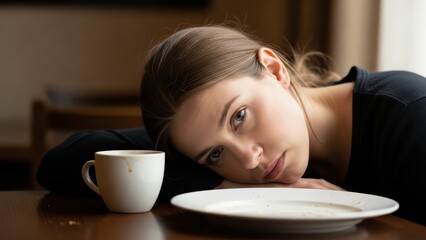 Young woman looking thoughtful and melancholic at cafe table with empty plate and coffee cup