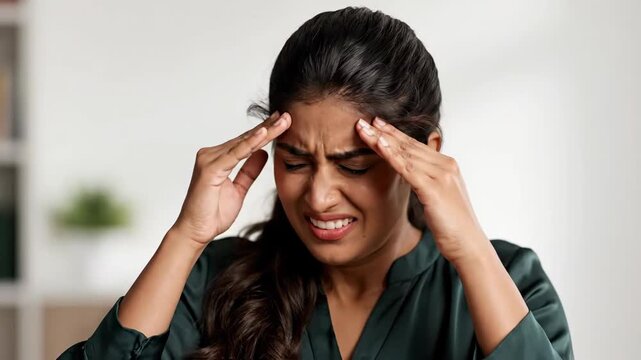 Emotional Woman Experiencing A Headache, Looking Expressive With Hand On Her Head