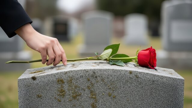 Female mourner places rose on gravestone in cemetery expressing grief and loss