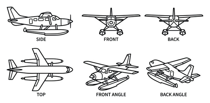 Detailed technical drawing of a floatplane from multiple angles and views