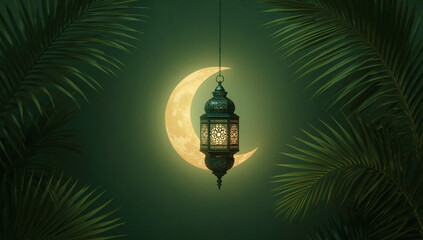 Premium Elegant Green Islamic Lantern with Glowing Crescent Moon & Golden Geometric Patterns, Serene Spiritual