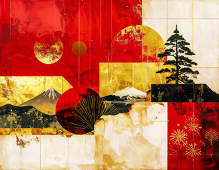 複数のテクスチャと円形をコラージュした、実験的な日本画。伝統と現代が交差する、壮麗な和の背景。