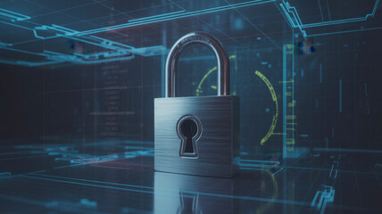 Digital security protection padlock shows information with cyber security privacy and data encryption on network connection access technology