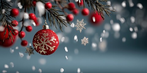 Red Christmas ornament with snowflake design hanging from pine branch surrounded by falling snow and berries