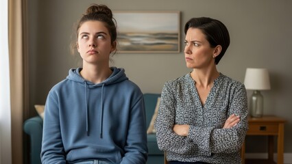 Teenage girl rolling eyes while annoyed mother crosses arms in living room