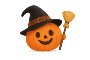 Halloween pumpkin wearing a witch hat and holding a broomstick, smiling jack-o'-lantern character
