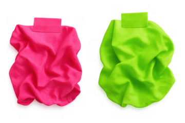 Vibrant neon pink and green turtlenecks, soft textile clothing in crumpled folds, showcasing modern fashion apparel mockups