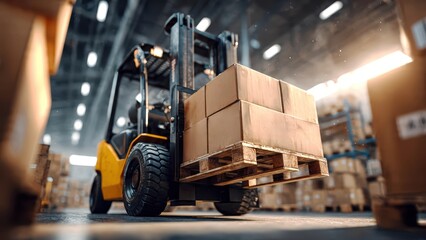 Forklift moving cardboard boxes in an industrial warehouse
