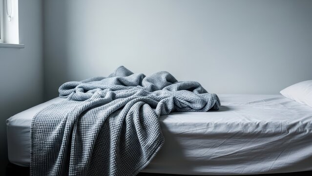 Minimalist bedroom scene with crumpled blue blanket on unmade white bed