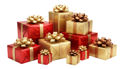 Festive Gift Heap: a festive array of presents and gifts, each beautifully adorned with ribbons and bows. A visual celebration of giving and receiving.