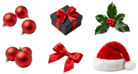 Festive Ensemble: A collection of vibrant red Christmas ornaments, a gift box adorned with a matching bow, festive sprig of holly with bright berries, a beautiful bow and a Santa hat.