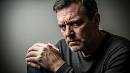 Mature male contemplating with deep introspection and emotional intensity