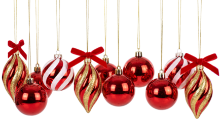 Festive Ornaments Display: A collection of vibrant red and gold ornaments, each adorned with a delicate ribbon, creates a captivating display of festive cheer and holiday spirit.