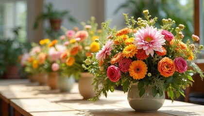 Diverse colorful bouquets arranged in vases on a wooden table indoors. Floral designs feature roses gerberas daisies and green plants. People learn flower arranging techniques in class.