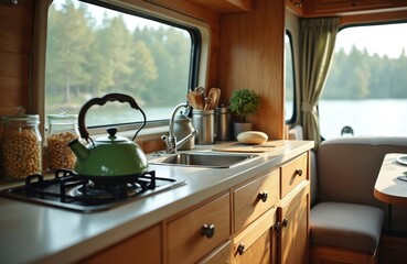 Cozy kitchen interior in a camper van reveals camping life concept. Interior features wooden cabinets green teapot and lake view. Idea of family travel in mobile home at vacation.