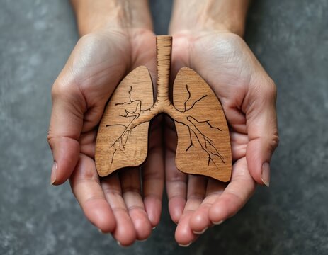 Woman hands hold wooden lungs model with bronchial tree anatomy. Person supports human organ as symbol of respiratory healthcare. Pulmonology for breathing disease prevention, checkup, donation,