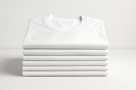 Neatly folded stack of clean white cotton T shirts arranged in minimal studio light, symbolizing freshness, laundry care, apparel basics, fashion essentials, retail product presentation and textile cl