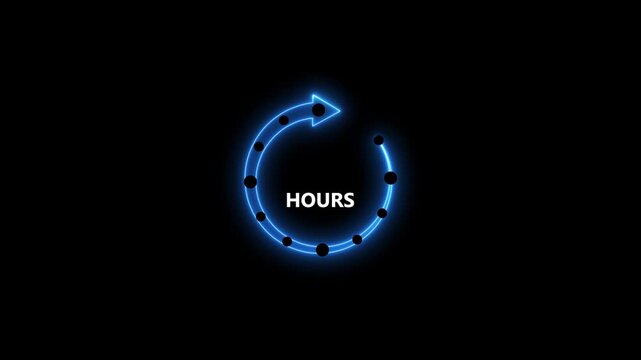 Neon blue circular arrow with black dots and the word H O U R S in white text on a black background representing time passing or a countdown timer