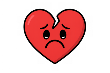 Broken red heart cartoon emoji with a sad face, symbolizing emotional pain, loneliness, and disappointment. Transparent background